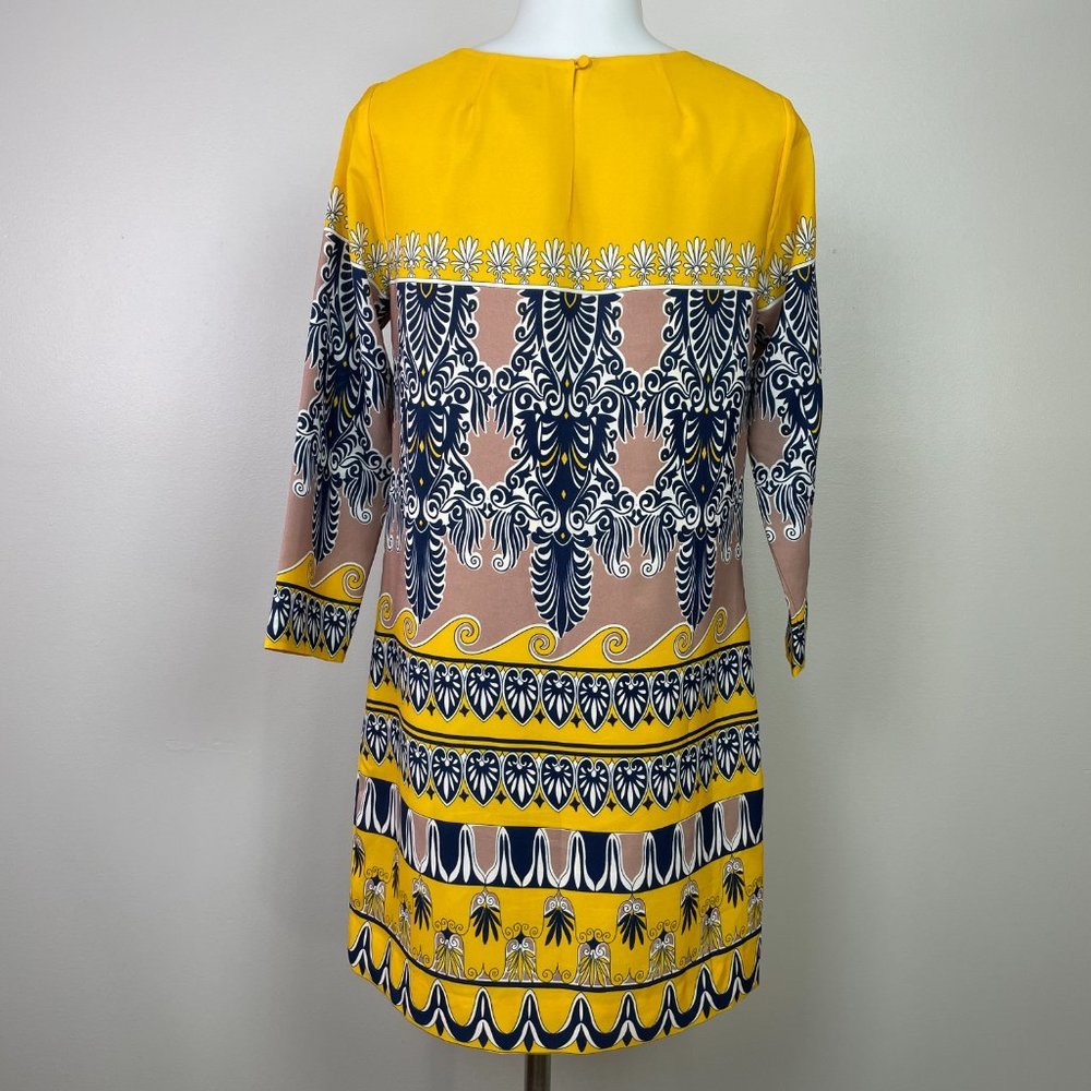 J. Crew Dress 0 Yellow Navy Blue 3/4 Sleeve Gallery Printed Shift Women's - Picture 5 of 12